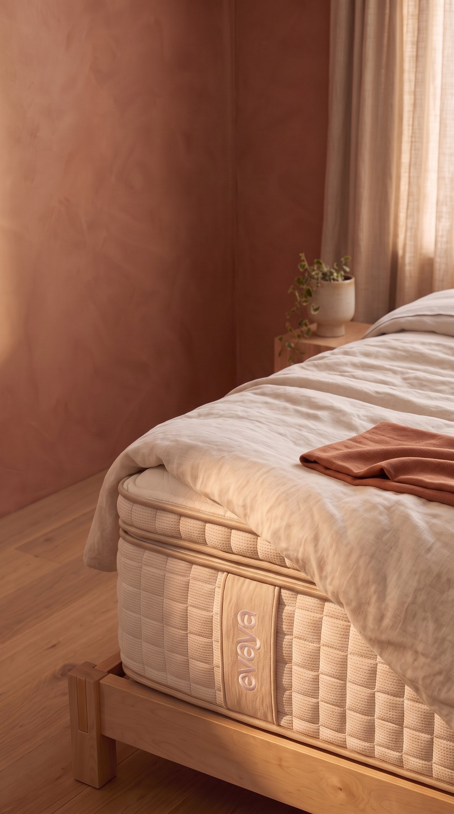 Evaya organic mattress in a warm, sunlit bedroom