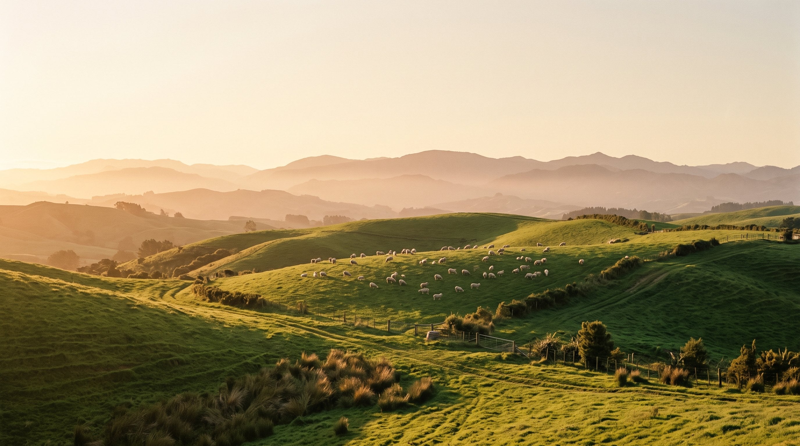 New Zealand wool pastures at golden hour